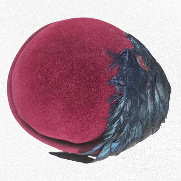 1950s Vintage Burgundy Wool Hat Black Feathers Mid-Century Formal Fascinator - Picture 5 of 10